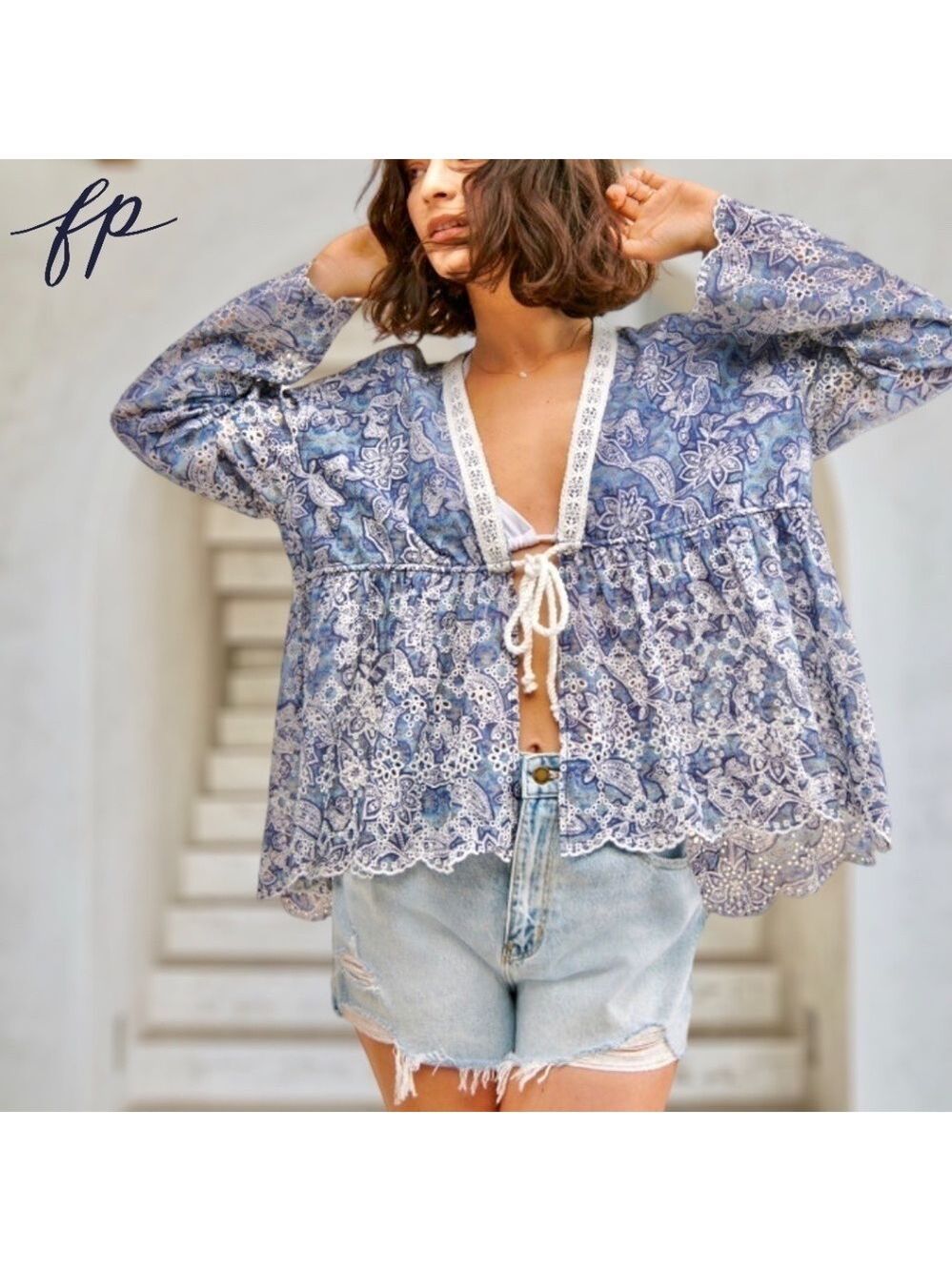 FREE PEOPLE NWT Anissa Floral-Print Eyelet/Embroidered Tie-Front Bed Jacket/Lg - Picture 6 of 14